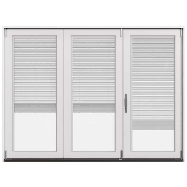 108 in. x 80 in. F4500 Left-Hand Folding Primed Fiberglass 3-Panel Patio Door w/ Low-E Glass, Blinds, Retractable Screen