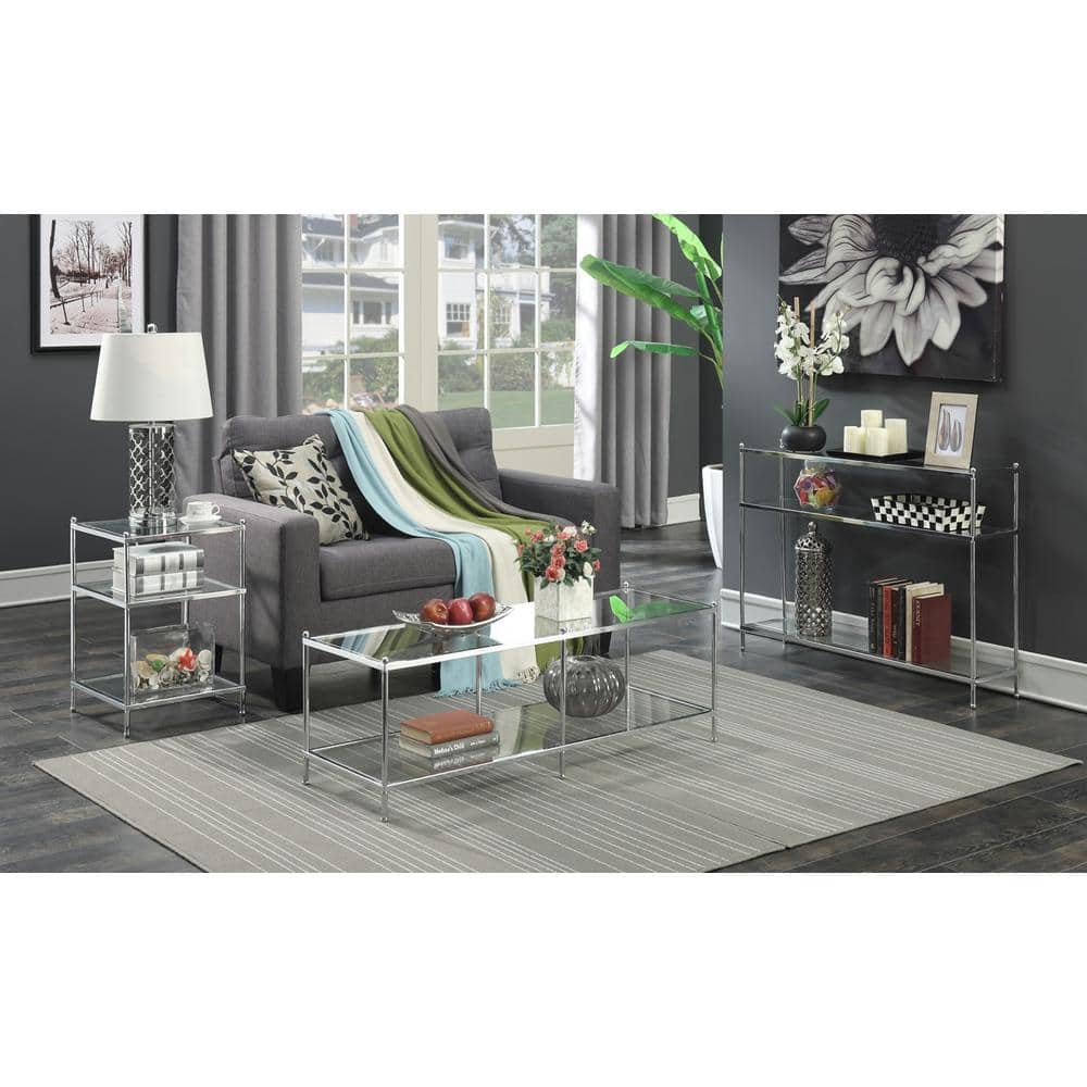 Modern Chrome and Glass Slim Console Table with 3 Tiers
