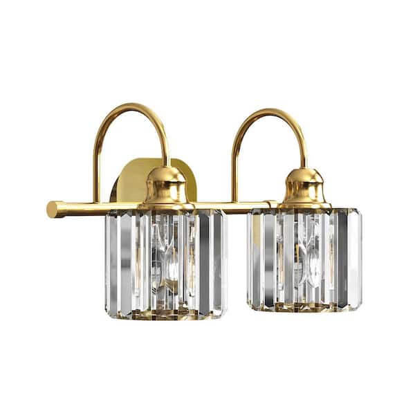 ExBrite Merrin 14.3 in. 2-Light Brushed Gold Bathroom Vanity Light with Crystal Shades