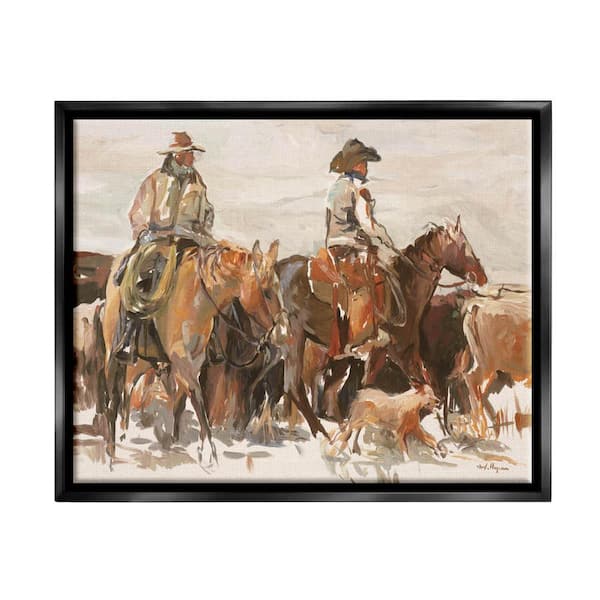 The Stupell Home Decor Collection Cowboys And Horses Farm Western Painting by Marilyn Hageman Floater Frame People Wall Art Print 21 in. x 17 in.