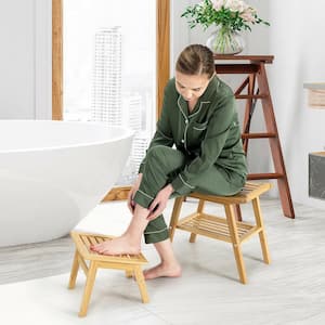 Bamboo Shower Seat Bench w/Underneath Storage Shelf, Spa Bath Seat w/Foot Stool
