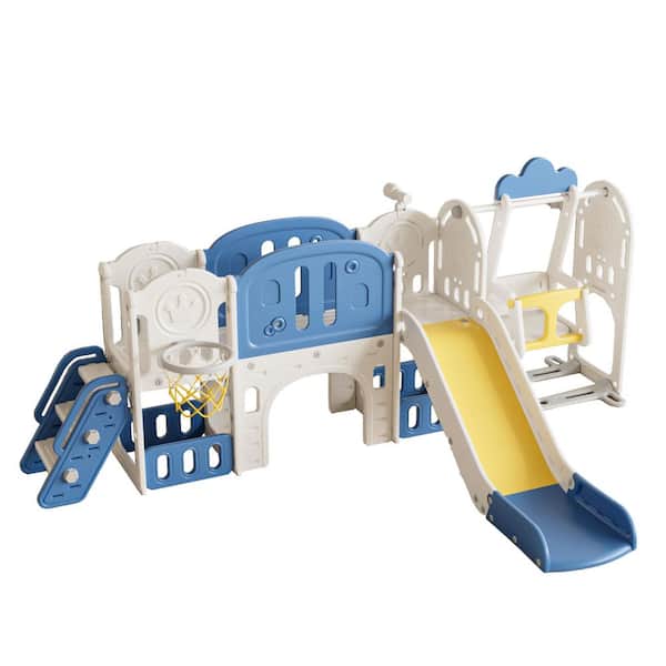 Blue and Yellow Toddler Slide Playset with Swing and Basketball Hoop