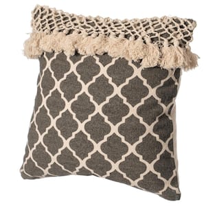 16 in. x 16 in. Charcoal Handwoven Cotton Throw Pillow Cover with Ogee Pattern and Tasseled Top