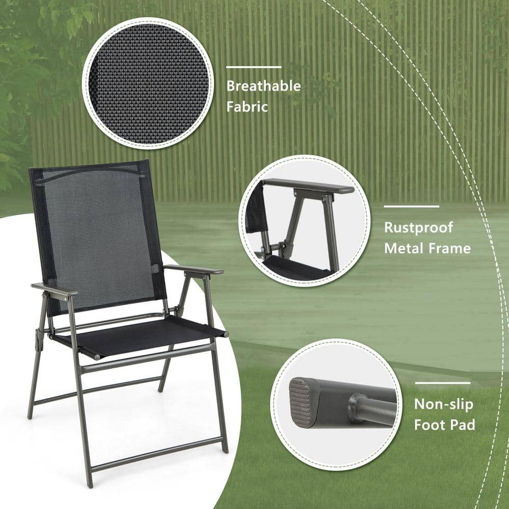 Black and Gray Metal Folding Outdoor Dining Chairs with Armrests, Set of 2