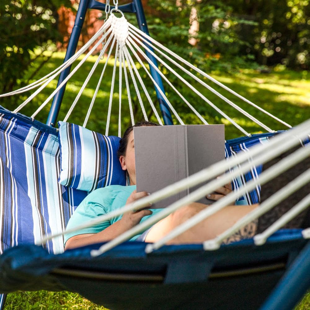 Blue and White Quilted Double Hammock with Metal Spreader Bars