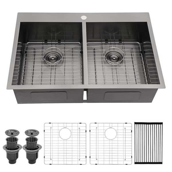 33 in. Drop-In Double Bowl 18 Gauge Gunmetal Black Stainless Steel Kitchen Sink with Bottom Grids