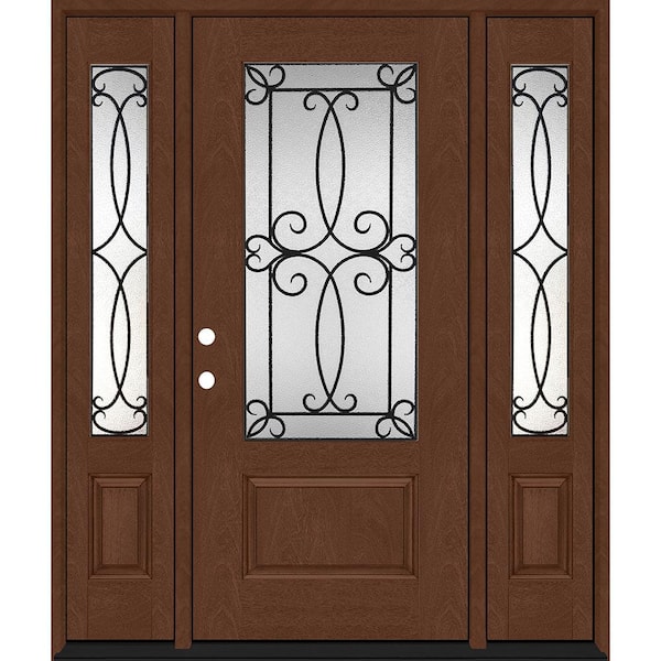 Steves & Sons Regency 64 in. x 80 in. 3/4Lite Georgian Decorative Glass RHIS Chestnut Mahogany Fiberglass Prehung Front Door w/12inSLs
