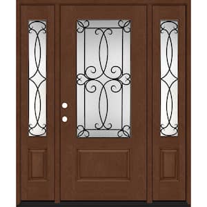 Regency 68 in. x 80 in. 3/4Lite Georgian Decorative Glass RHIS Chestnut Mahogany Fiberglass Prehung Front Door w/14inSLs