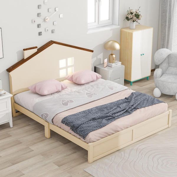 Harper & Bright Designs Walnut and Milk White Wood Full Size Platform Bed with House-shaped Headboard, LED Lights, Chimney and Window Design