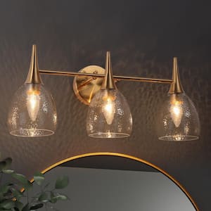 Modern Brass Vanity Light 3-Light Linear Gold Bathroom Powder Room Wall Light with Dome Hammered Glass Shades