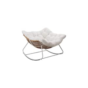 1-Piece White Rattan Wicker Outdoor Rocking Chair with White Cushion 1-Pack, for Patio, Garden, Porch, Backyard
