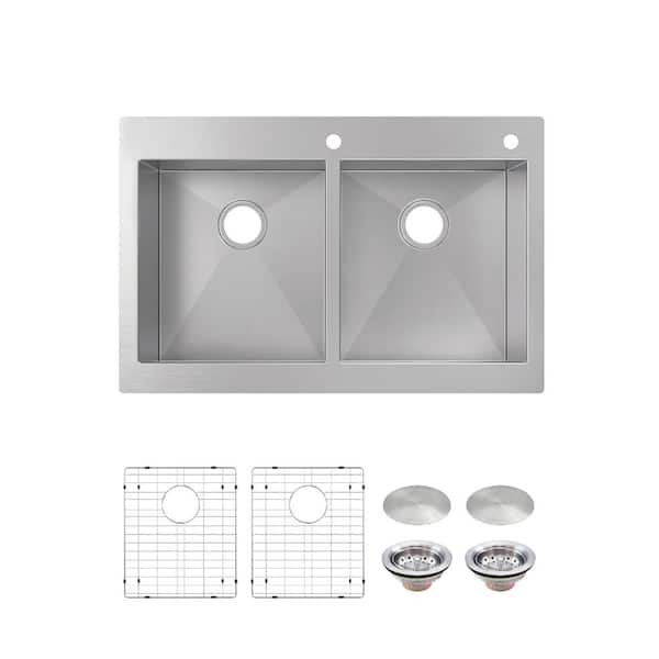 Professional Zero Radius 33 in. Drop-In 50/50 Double Bowl 16 Gauge Stainless Steel Kitchen Sink with Accessories