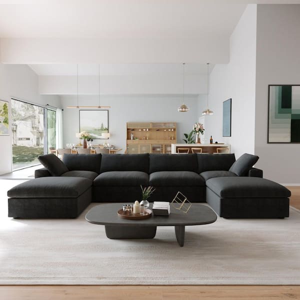 J&E Home 160.5 in. Square Arm 5-Piece Velvet L-Shaped Free Combination Modular Sectional Sofa in Black with Ottoman