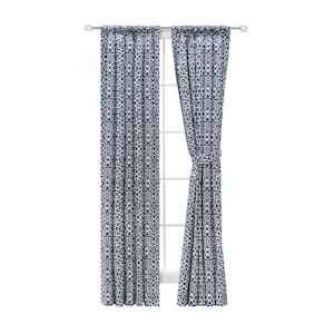 Athens Navy Cotton 100 in. W x 96 in. L Rod Pocket Room Darkening Panel Pair Curtains with Tiebacks
