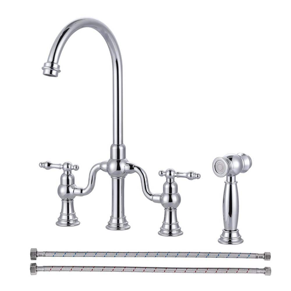 Solid Brass Double Handle High-Arc Deck Mounted Bridge Kitchen Faucet with Side Sprayer in Polished Chrome price history on PriceWatchPro