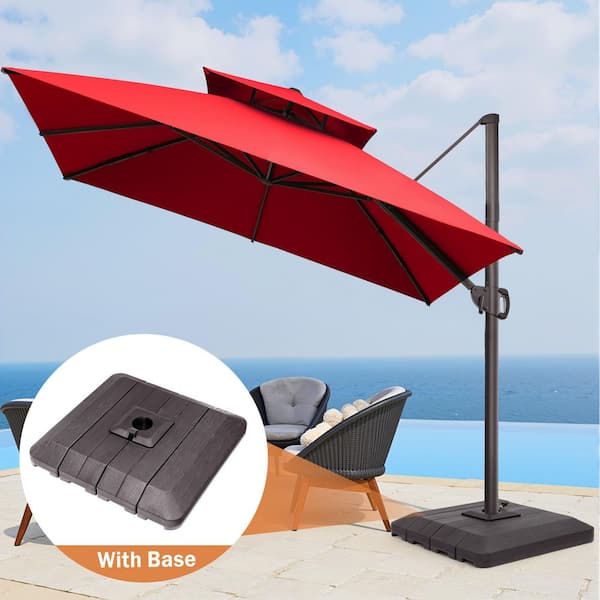 11 ft. Square Aluminum Outdoor Umbrella Cantilever-Offset 360° Rotation Patio Umbrella in Red with Weights Stand
