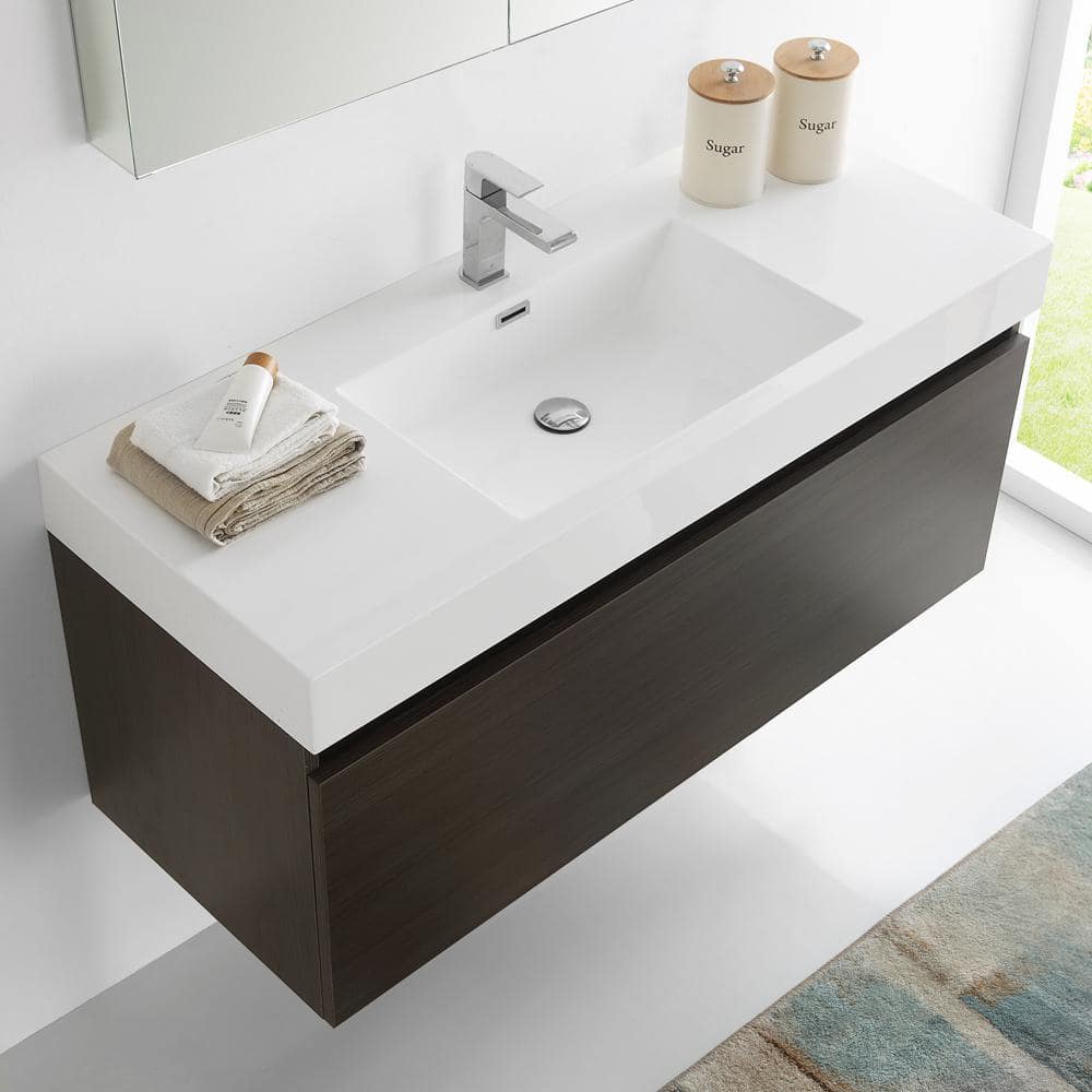 Gray Oak Wall Hung Vanity with Integrated Sink and Medicine Cabinet