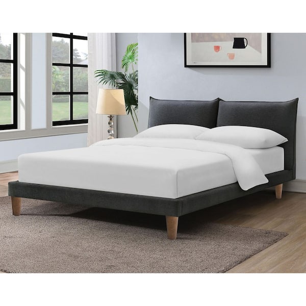 Jaron Gray Wood Frame King Platform Bed with Pillow Top Headboard and Flange Trim