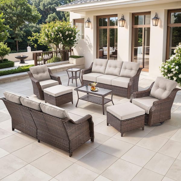 8-Piece Contemporary Brown Wicker Outdoor Swivel Rocking Chair Set with CushionGuard Beige Cushions