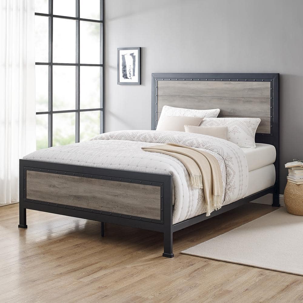Rustic Industrial Queen Panel Bed with Wood Accents, Grey Wash