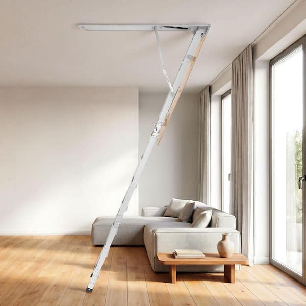 Aluminum Attic Ladder 54in. x 22.5in. Opening, 375lbs. Load Capacity Fits 9.8ft.-10.3ft./7.66ft.-9.8ft. Ceiling Height