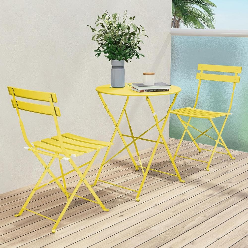 Yellow 3-Piece Metal Folding Outdoor Folding Outdoor Bistro Set