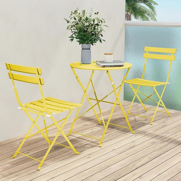 Unbranded Yellow 3-Piece Metal Folding Outdoor Folding Outdoor Bistro Set