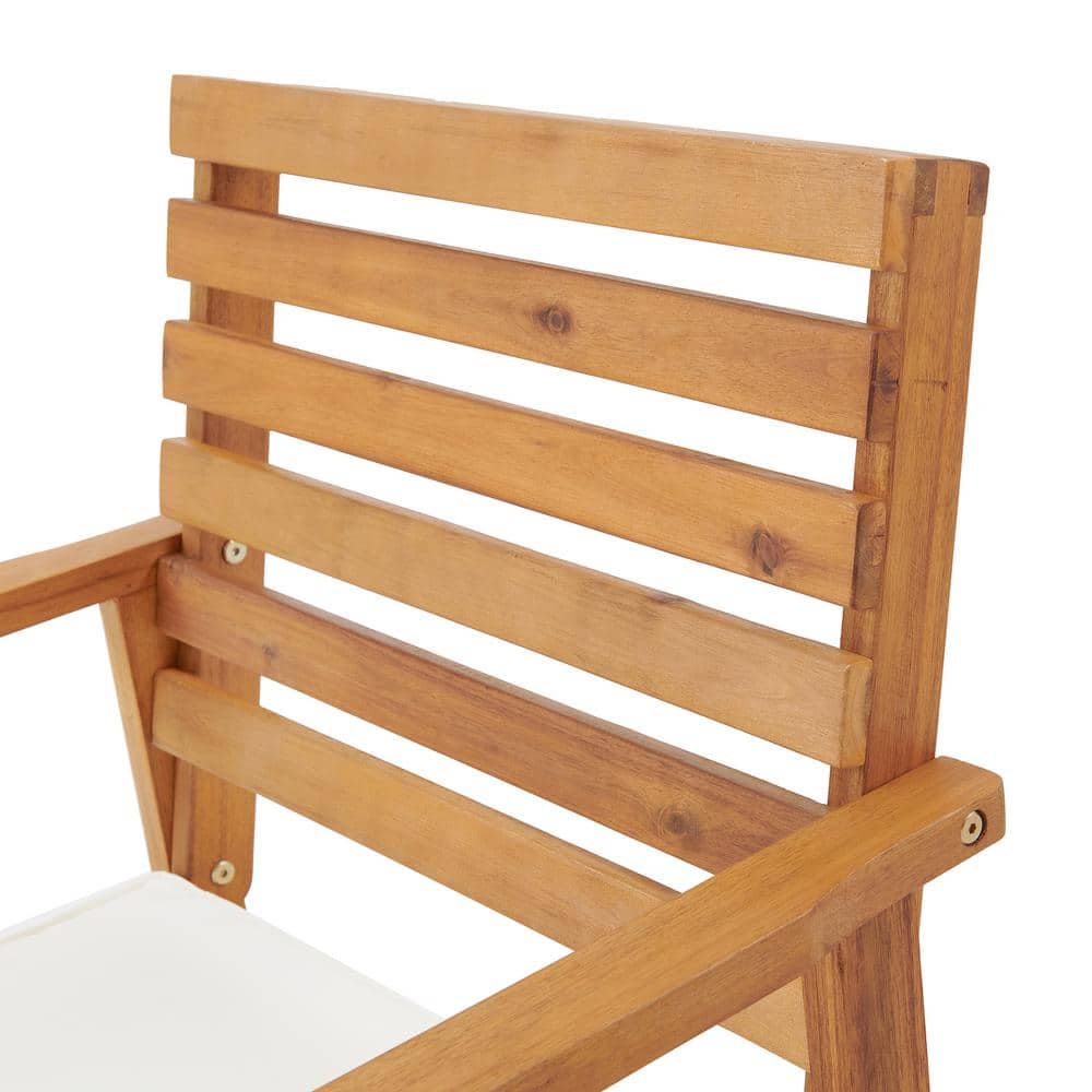Natural Acacia Wood Outdoor Chairs with White Cushions, Set of 2