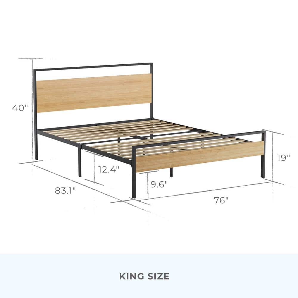 King Natural Wood and Upholstered Platform Bed with Headboard