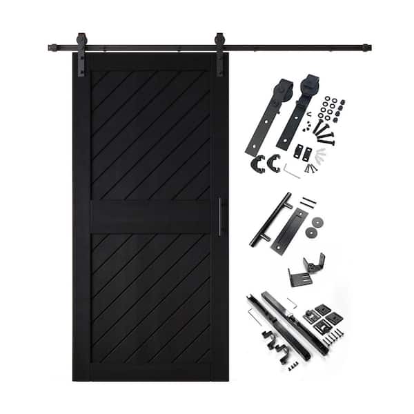 HOMACER XT1 40 in. x 84 in. C-Panel Black Slanted Stripe Design Solid Pine Wood Sliding Barn Door with Hardware Kit