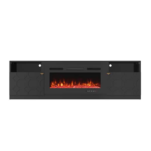 Clihome 70 in. Adjustable Shelf Black TV Stand Fits TVs Up to 80 in. with 36 in. Electric Fireplace