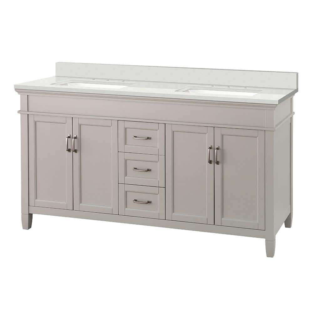 Home Decorators Collection Ashburn 61 in. W x 22 in. D Vanity Cabinet in Grey with Engineered Marble Vanity Top in Snowstorm with White Basins -  ASGRA6021D-SST