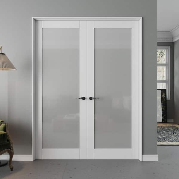 60 in. x 80 in. 1 Lite Frosted Glass Universal White Solid Core Wood Double Prehung French Door with Quick Assemble Jamb