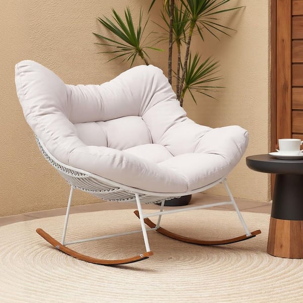 AURA OUTDOOR Oversized White Wicker Outdoor Rocking Chair Papasan Chair Recliner Egg Chair with Beige Cushion