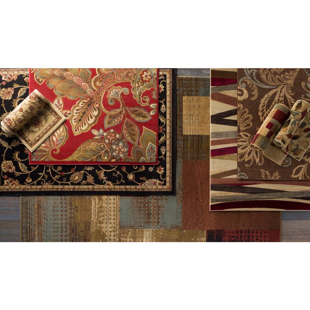 Tan and Red Synthetic Traditional Oriental Area Rug