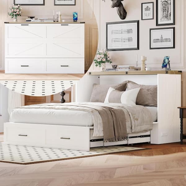 White Wood Frame Queen Farmhouse Murphy Bed with Charging Station, Foldable Cabinet Bed with Large Storage Drawer