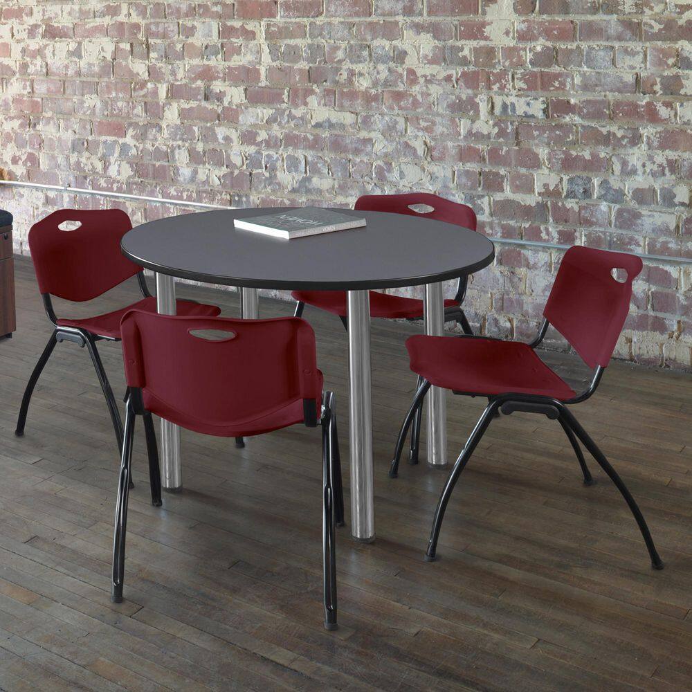 Kee 36 in. Grey Top Round Breakroom Table Desk, Chrome Legs, 4 M Stack Chairs-Burgundy price history on PriceWatchPro