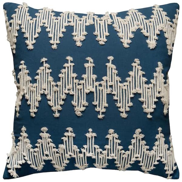 Unbranded Blue/Ivory Chevron Frayed Cords Cotton Poly Filled 20 in. x 20 in. Decorative Throw Pillow
