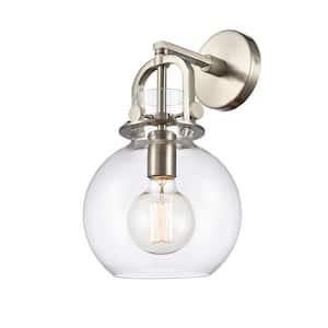 Newton Sphere 1-Light Brushed Satin Nickel, Clear Wall Sconce with Clear Glass Shade