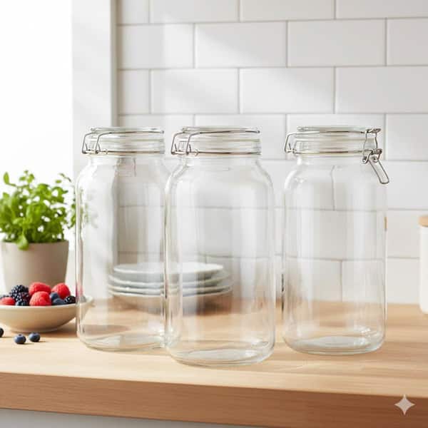 3 Piece Airtight Glass Food Storage Jars Set with Clamp Lids and Chalkboard Labels Large Square Canisters for Kitchen
