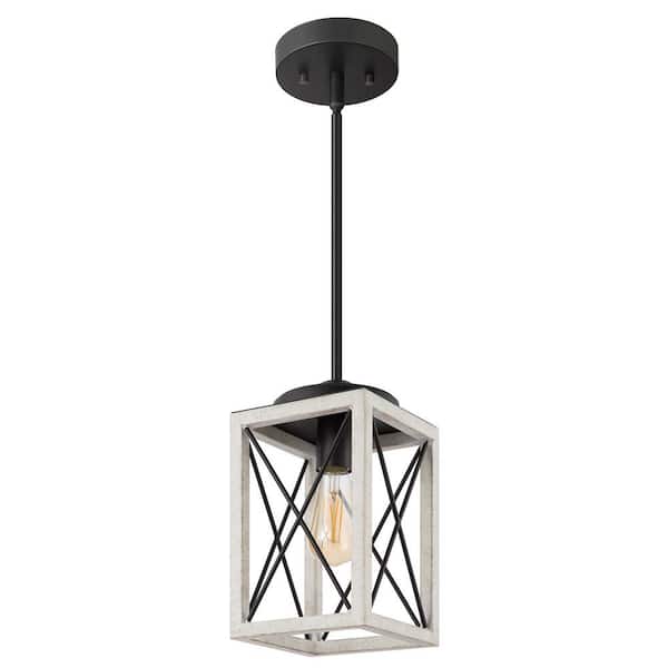 60-Watt 1-Light Farmhouse Pendant Light with White Wooden Grain Finish Shade, No Bulbs Included