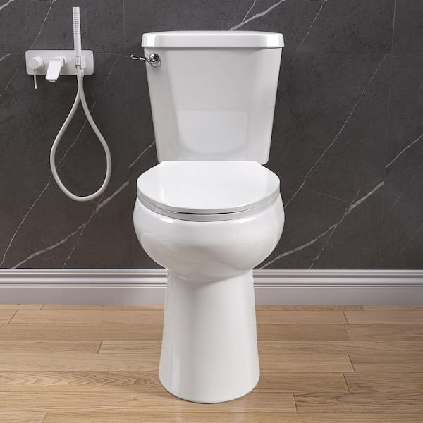 2-Piece 1.28 GPF 19 in. Height Single Flush Elongated 12 in. Rough-in Modern Toilet in White Seat Included Chrome Handle