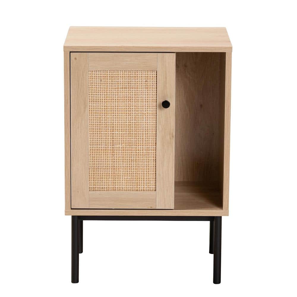 Light Brown and Black Woven Rattan Accent Cabinet with Adjustable Shelving