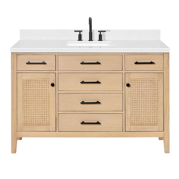 Camila 54 in. W x 22 in. D x 36 in. H Single Rectangle Sink Bath Vanity in White Oak with Carrara White Quartz Top