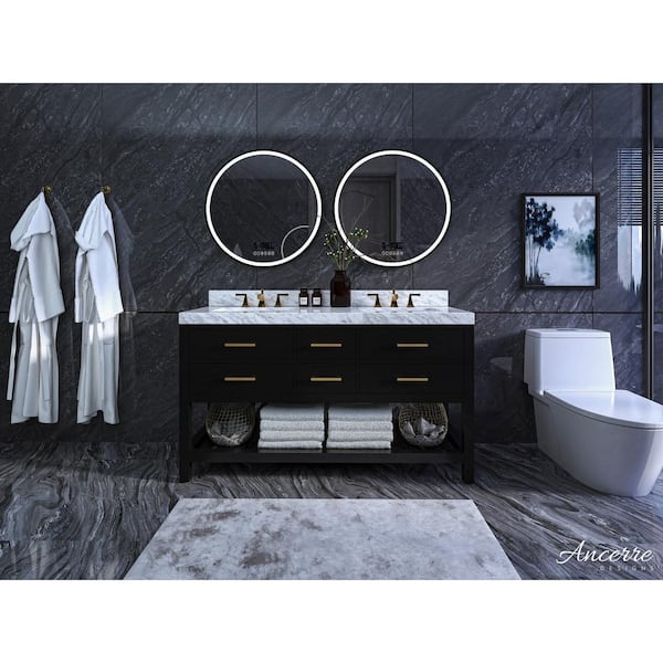 Ancerre Designs Elizabeth 60 in. W x 22 in. D Bath Vanity in Black Onyx w/ Marble Vanity Top in White w/ White Basin and Gold Hardware
