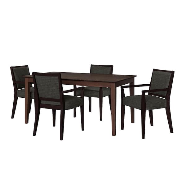 Handy Living Anya 5-Piece Smart Top Walnut Dining Table & Upholstered Arm Chairs in Olive Textured Woven