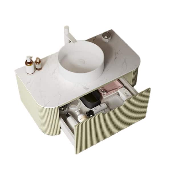 36 in. Single Sink Floating Curved Edge Green Bath Vanity with White Marble Top (Assembled), Round Sink