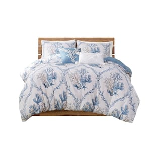 Pismo Beach 5-Piece Blue/White Cotton Full/Queen Duvet Cover Set with Throw Pillows