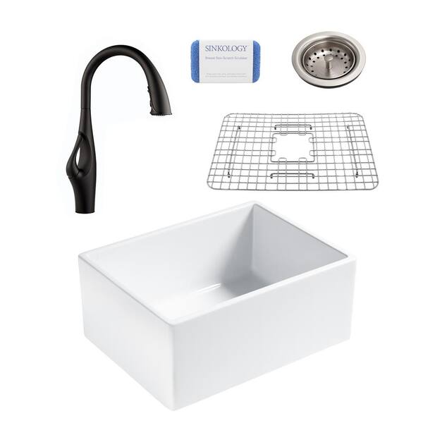 SINKOLOGY Wilcox All-in-One Farmhouse Apron Fireclay 24 in. Single Bowl Kitchen Sink with Pfister Black Faucet and Drain