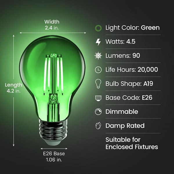 25-Watt Equivalent A19 Dimmable Filament Green Colored Glass E26 Medium Base LED Light Bulb (6-Pack)